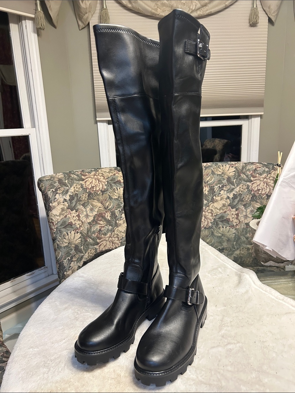 Nine West Black Over-the-Knee Lug Sole Riding Boots with Buckle